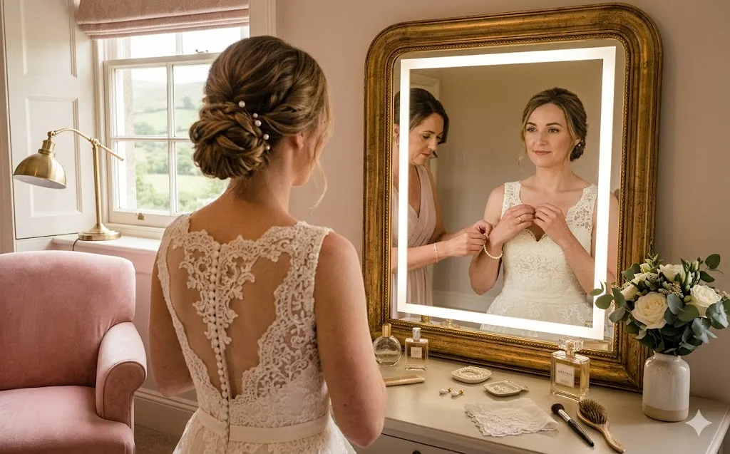 Romantic bridal preparation at a warm-toned vanity
