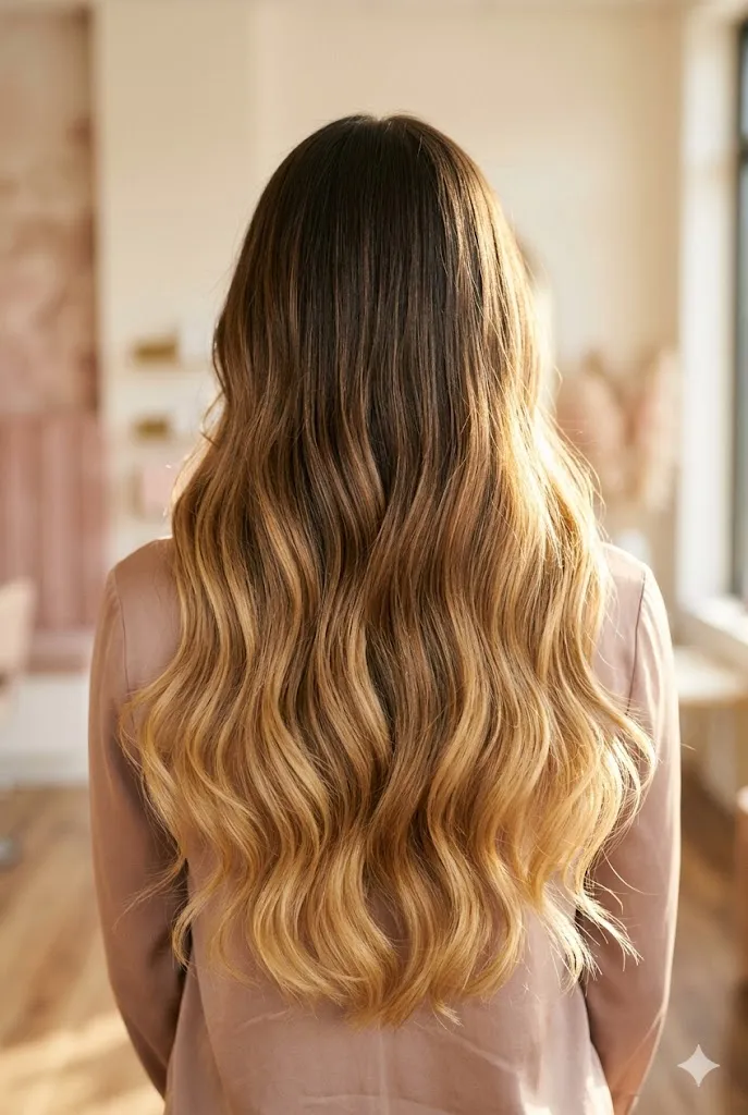 Long hair with caramel balayage transitioning to golden ends