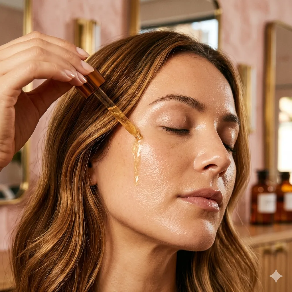 Close-up beauty skincare treatment with dewy glowing skin
