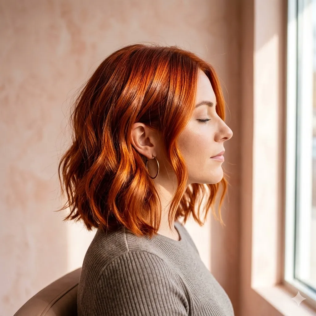 Rich copper-red hair colour with sleek styling