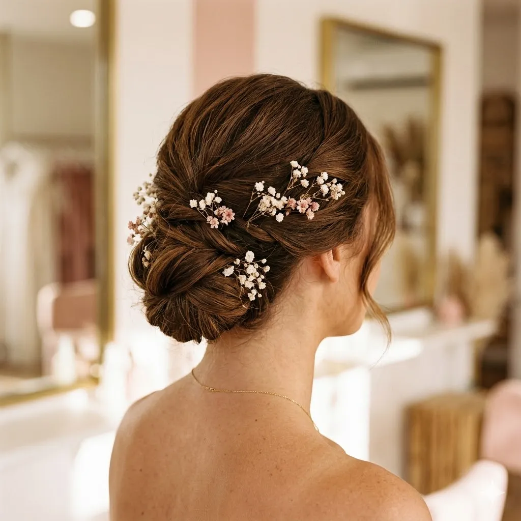 Romantic bridal updo with face-framing tendrils