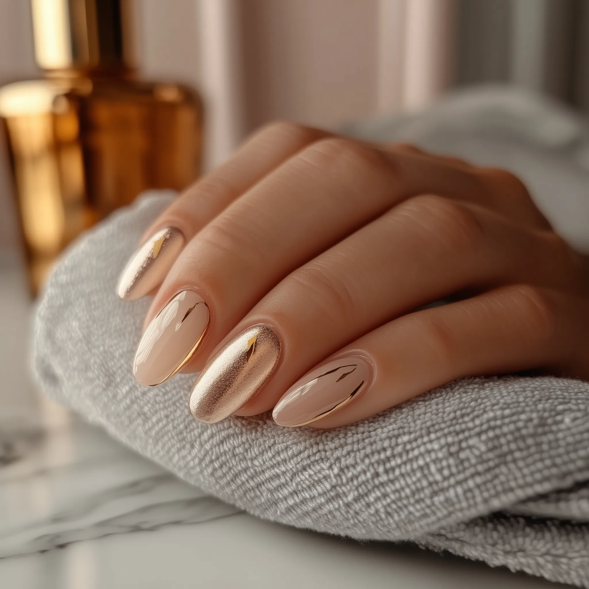 Minimalist nail art with blush base and gold detail