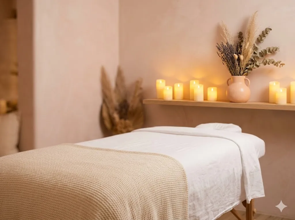 Atmospheric luxury treatment room with warm lighting