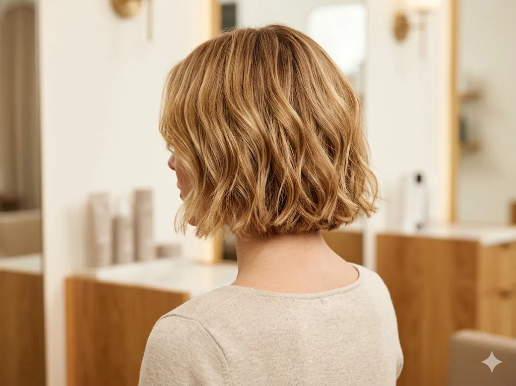 Modern textured bob with warm honey-blonde colour